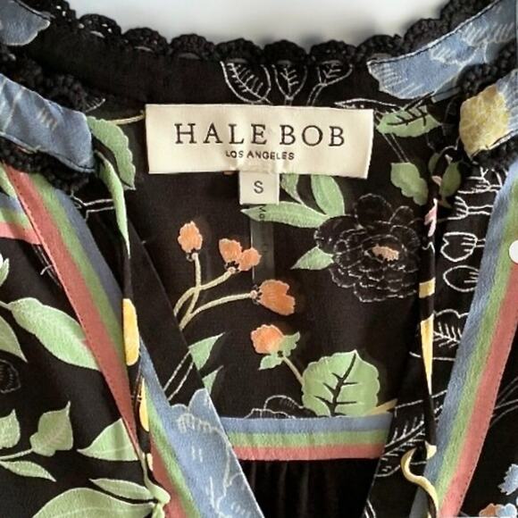 Hale Bob Floral Boho Georgette Blouse Size S Lace Trim Split Neck Balloon Sleeve - Picture 3 of 10